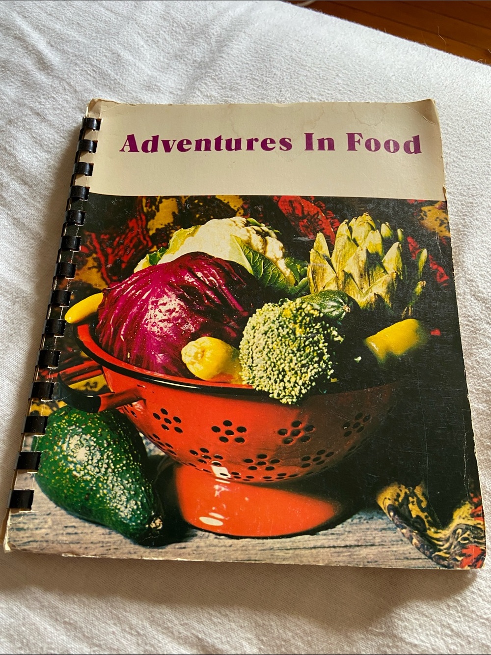 Vintage 70s 1970s Adventures In Food community spiral cookbook Red Colander